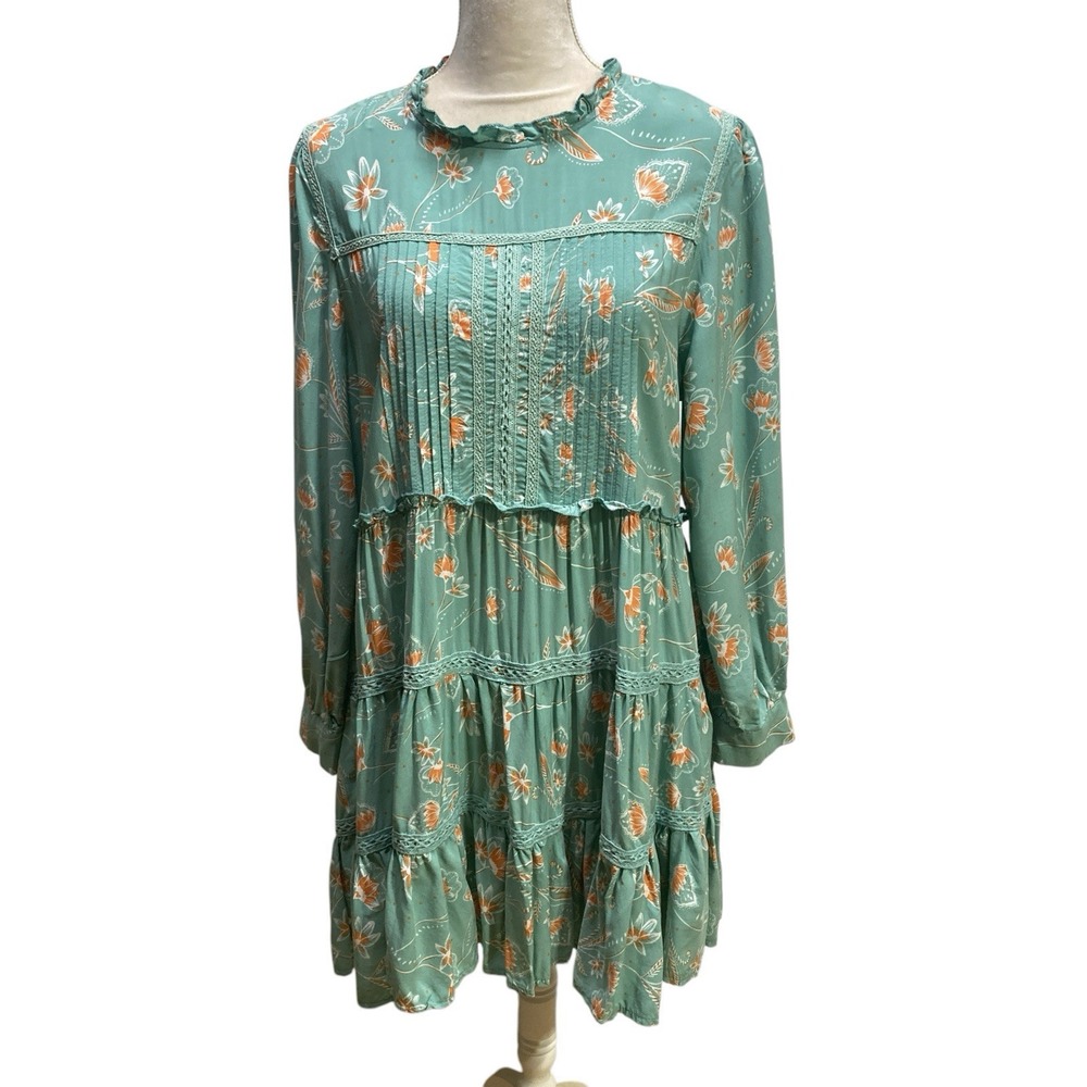 Anthropologie Jaase Knee Length Dress Size L Teal Green Floral Summer Boho Gypsy
